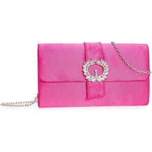 New Satin Diamante Evening Pink Bag, Classy Party Clutch with Beaded Brooch